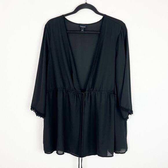 Torrid Top Sheer Black Deep V Drawstring Wide 3/4 Length Sleeve 4X - Picture 1 of 10